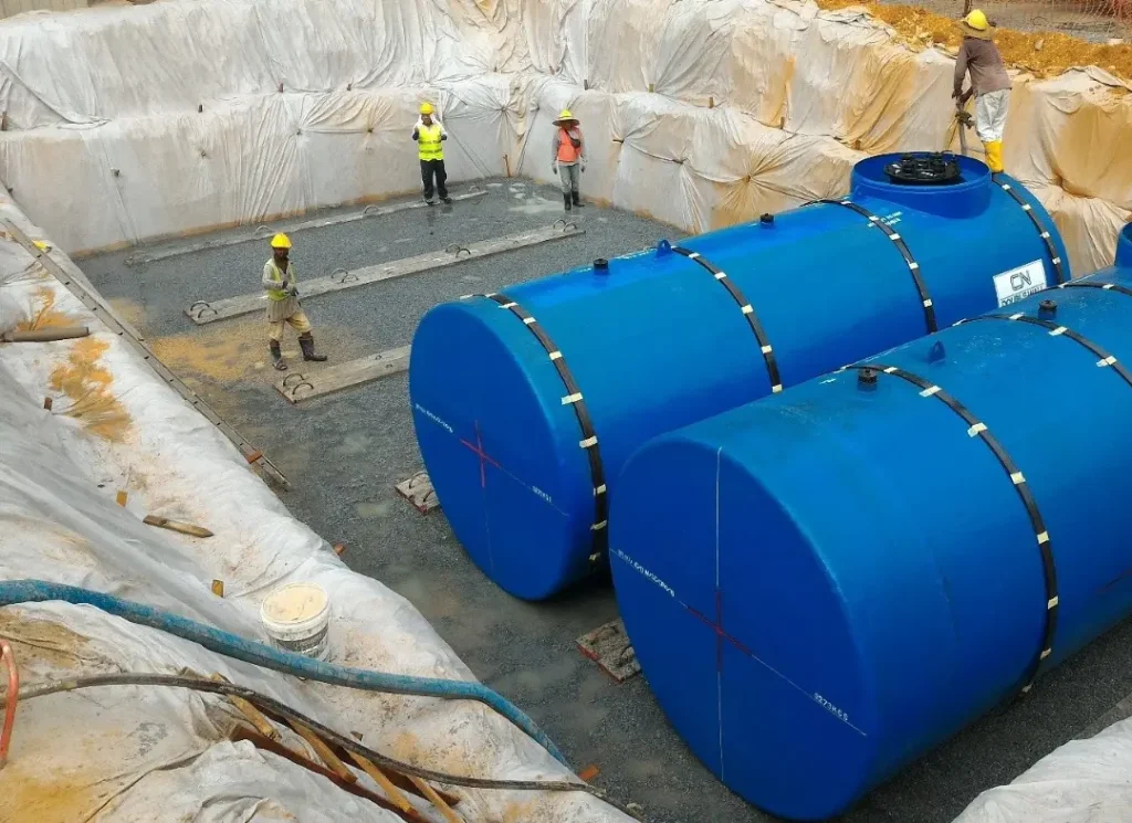 Blue underground storage tanks.